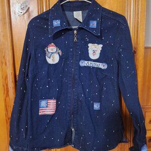 Embroidered festive denim Christmass-themed shirt w/American flags unique